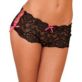 Pink and Black Lace Crotchless Boyshort & Garters With Fishnet Stockings