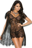 Elegant Black Lace Babydoll and Robe- 3 Pcs